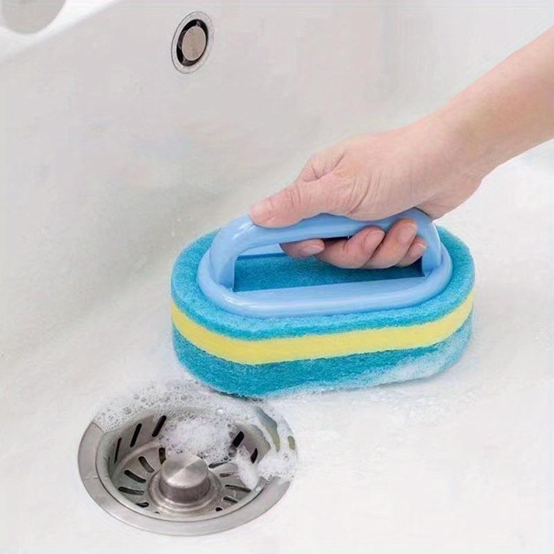 1pc Multi-Purpose Magic Cleaning Sponge with Ergonomic Handle Blue & Yellow Striped Scrubbing Pad for Kitchen, Bathroom,Toilets & Ceramics