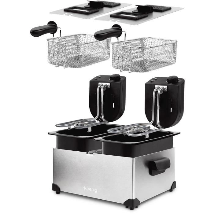Fritteuse HKOENIG - DFX600 - Doppelkammer 2x3L - Unabhängige Thermostate - Abnehmbare Körbe - Edelstahl - 3600W