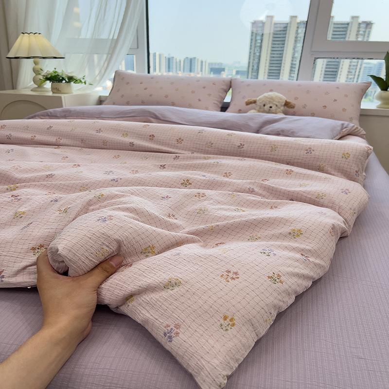 Tištěná čtyřdílná sada na postel, Měkká a zesílená, šetrná k pokožce, Praná povlečení na přikrývku, Sada prostěradel