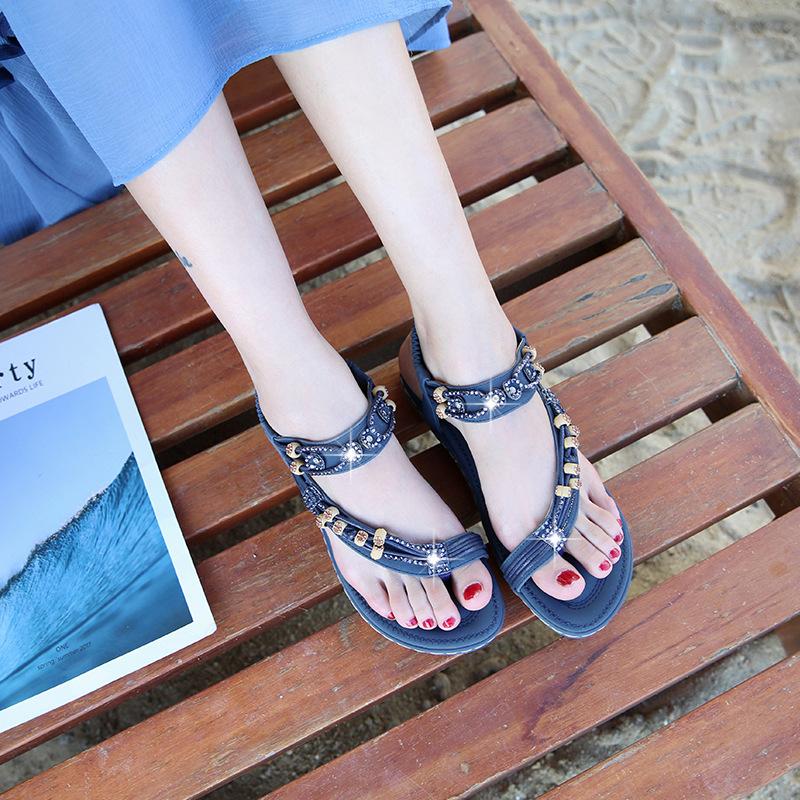 

2026 Summer Plus Size Women s Sandals Retro Rhinestone Bead Round Toe Flat Bottomed Cowhide Soft Soled Shoes 42