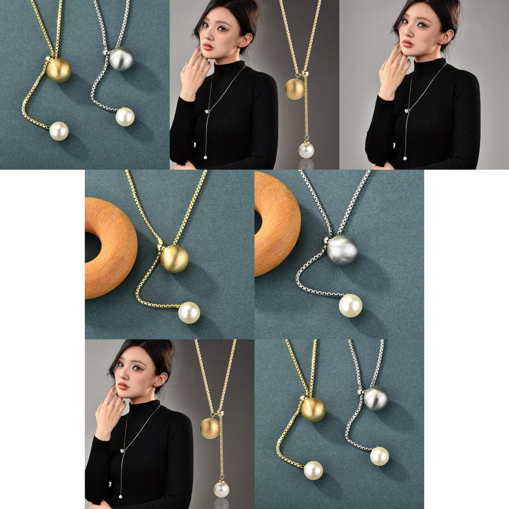Chic Pull And Slide Pearl Long Pendant Necklace With Sleek Snake Chain For Fashionable Women