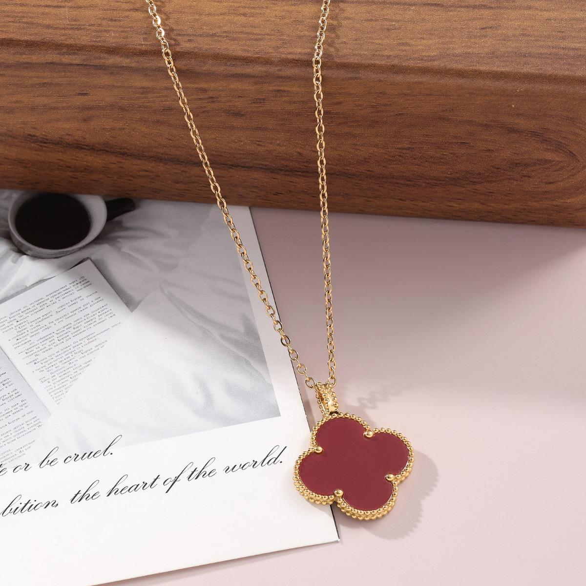 

60/90 см длинное модное высококлассное ожерелье с четырьмя листочками клевера, одностороннее ожерелье с одной подвеской, двухстороннее женское ожерелье 18K-60cm бордовый