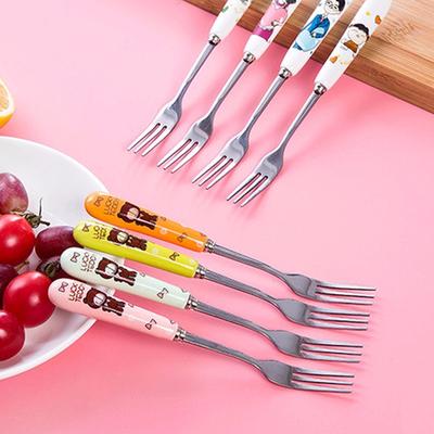 Garfo de Frutas de Aço Inoxidável Cabo de Cerâmica Urso Fofo Garfo de Sobremesa Talheres Ecológicos Garfos para Crianças Utensílios de Mesa para Cozinha
