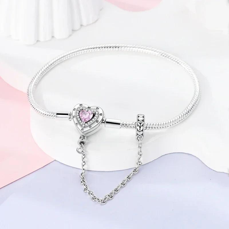 925 Silver Pink Heart Bracelet Shiny Zircon Fit Charms Silver 925 Bracelet DIY Jewelry Making Fine Gifts for Women