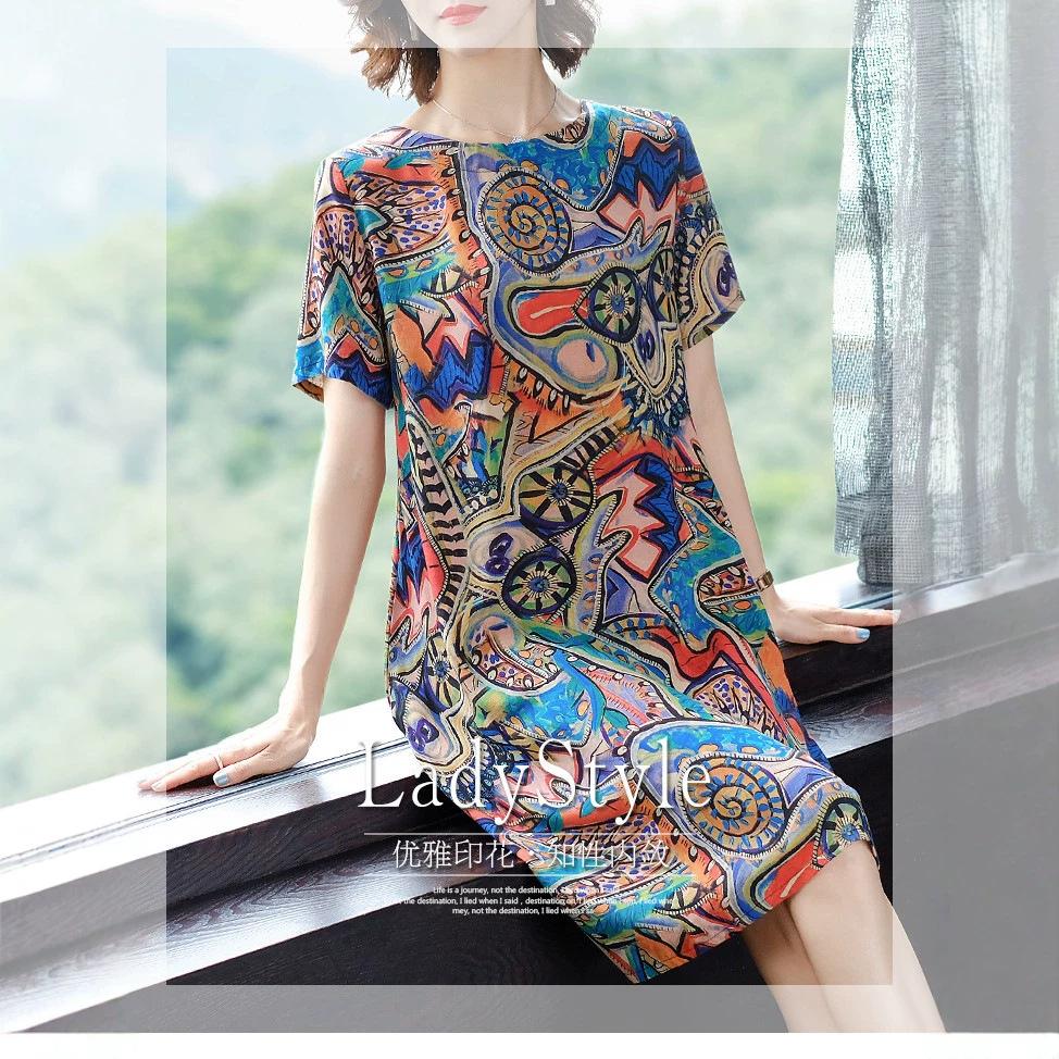 women's Round Neck Abstract Print Ice Silk Midi Dress Plus Size Loose A Line Short Sleeve Casual Elegant Summer Dress