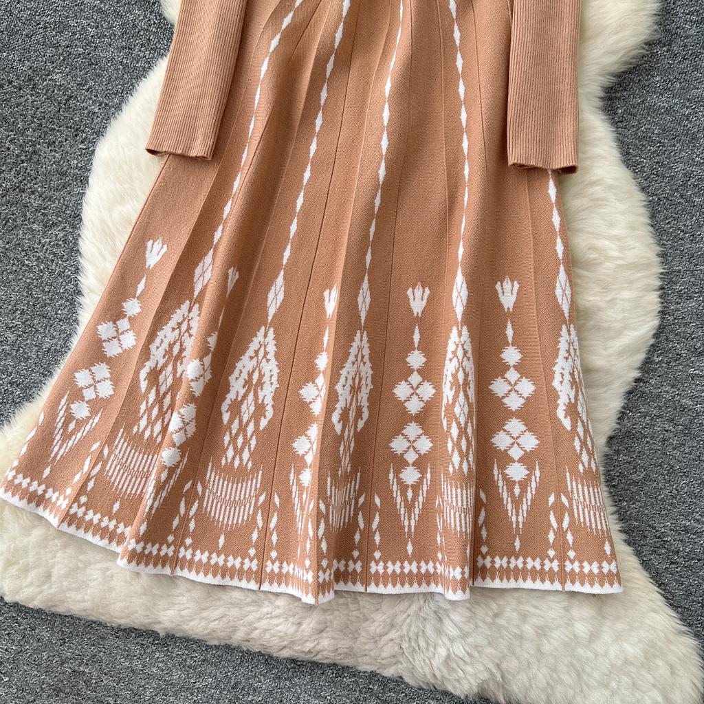 Mode Druck Strickwaren Pulloverkleid Damen Diamanten O-Ausschnitt Elastisches Slim Design 2025 Herbst Warm Französisch OL Lange Kleider