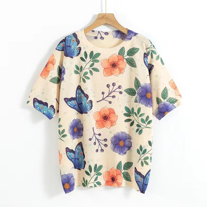 Womens Casual O Neck Knitted Short Sleeve Tops Spring Knitwear Pullovers Floral Printed Ladies Breathable TShirt