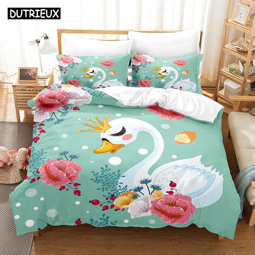 3D Cartoon Schwan Bettwäsche Set Bettbezug Mit Kissenbezug Einzel Doppel Queen King Größe Weiche Bettwäsche Für Kinder Erwachsene