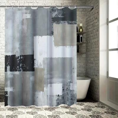 Cortina de Chuveiro Artística Cinza Branca Contemporânea, Forro Decorativo Impermeável para Banheiro