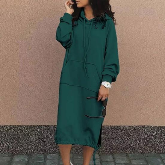 Women's Hooded Long-sleeved Sweatshirt Dress Front Sleeve Side Cleft Lined Sweatshirt Dress