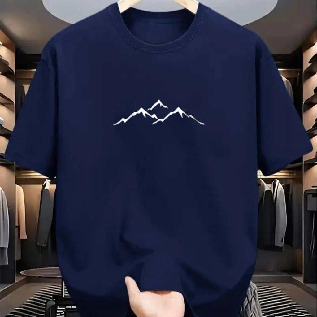 Mens Summer Cotton Fashionable Casual Loose Sports Mountain Pattern Printed Round Neck Short Sleeved Tshirt Top