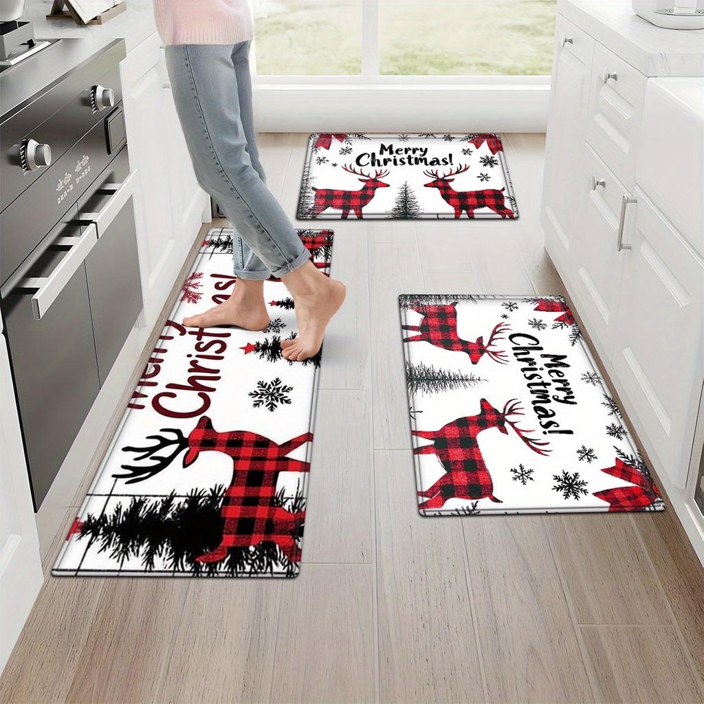 1Pcs Anti Fatigue Kitchen Rugs Merry Christmas Deer Print Waterproof Non-Slip Thick Cushioned Kitchen Mat Heavy Duty Comfort Standing Mat for Kitchen