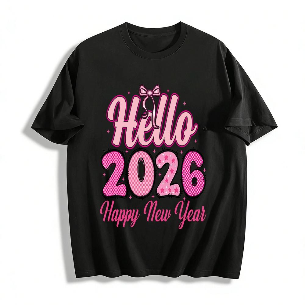 Hello 2026 New Year Pink Bow Print Casual Holiday Top Pure cotton T-shirt XXS