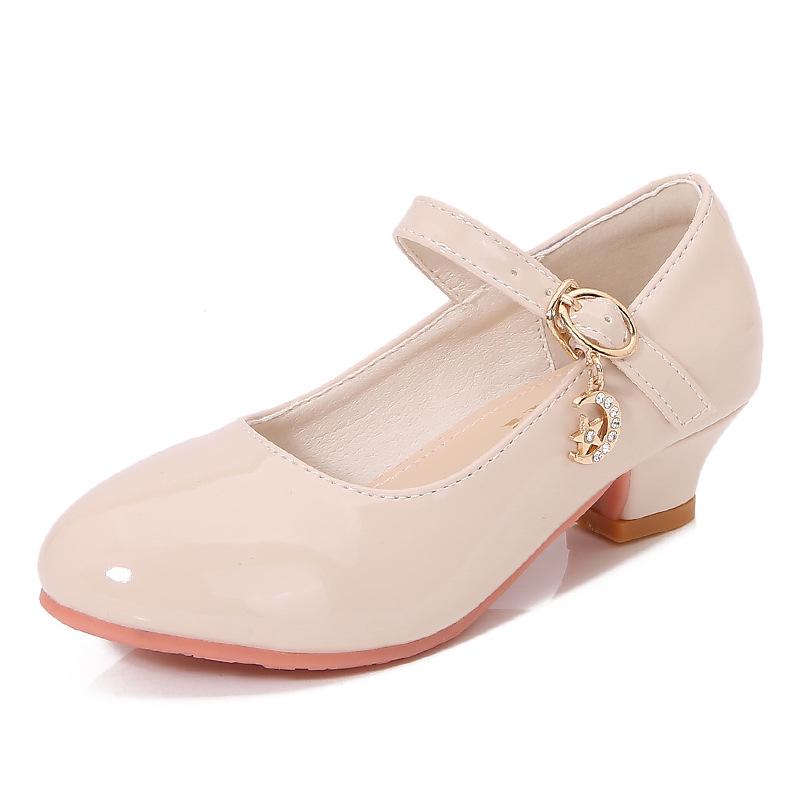Girls' White Leather High Heels - New 2025 Princess Dance Shoes for Students, Sizes 25-40