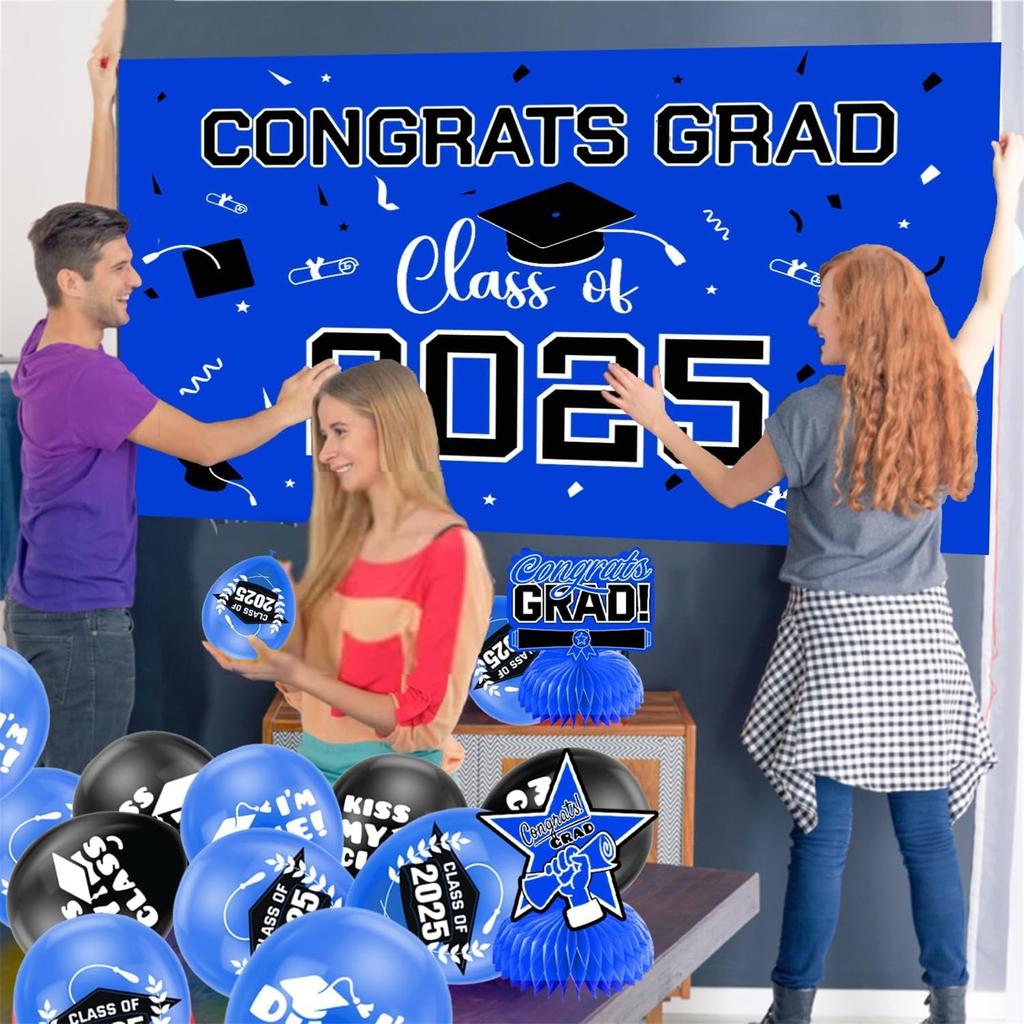 Graduation Decorations Blue Themed Set - Congrats Grad Banner, Class Of 2025 , Balloons & Streamers Kit - Complete Party Supplies For High School &