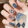 Retro Blue Checkerboard Brown Smudged Fashionable Fake Nail Patches Removable Wearable Nails 24 Pieces