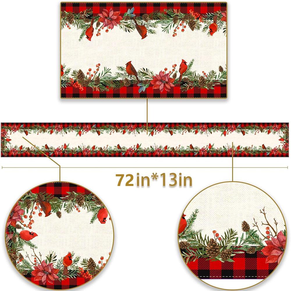 Christmas Cardinal Table Runner Buffalo Plaid Check Poinsettia Holly Xmas Win