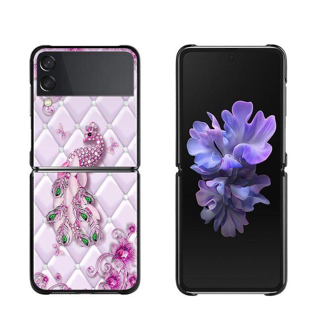 Phone Case For Samsung Galaxy Z Flip3 5g Back Cases For Samsung Z Flip Capa Black Shell Fundas Rose Pink Purple Bling Pattern