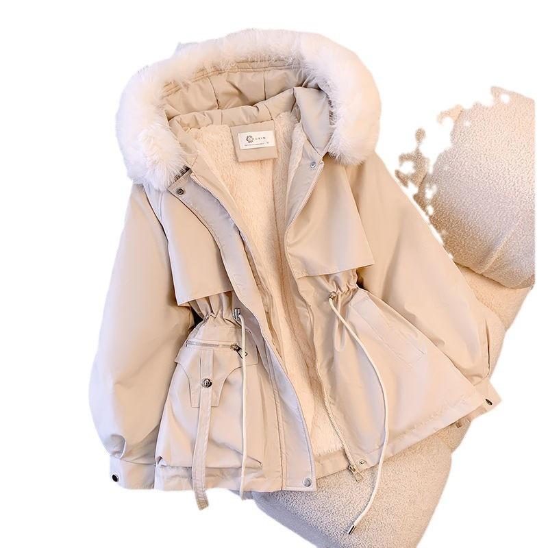 Pie Overcomes Women's Medium and Long Waist Skinny Hooded Large Fur Collar Plush Cotton Clothing Large Size Autumn and Winter Jacket to Keep Warm