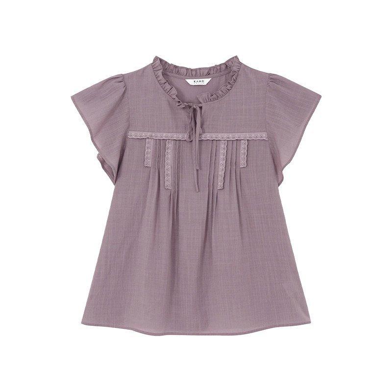 Women s Crew Neck Short Sleeve Blouse Loose Fit Sweet Solid Cotton Ruffle Fly Sleeve Lace Up Casual Spring Shirt XS