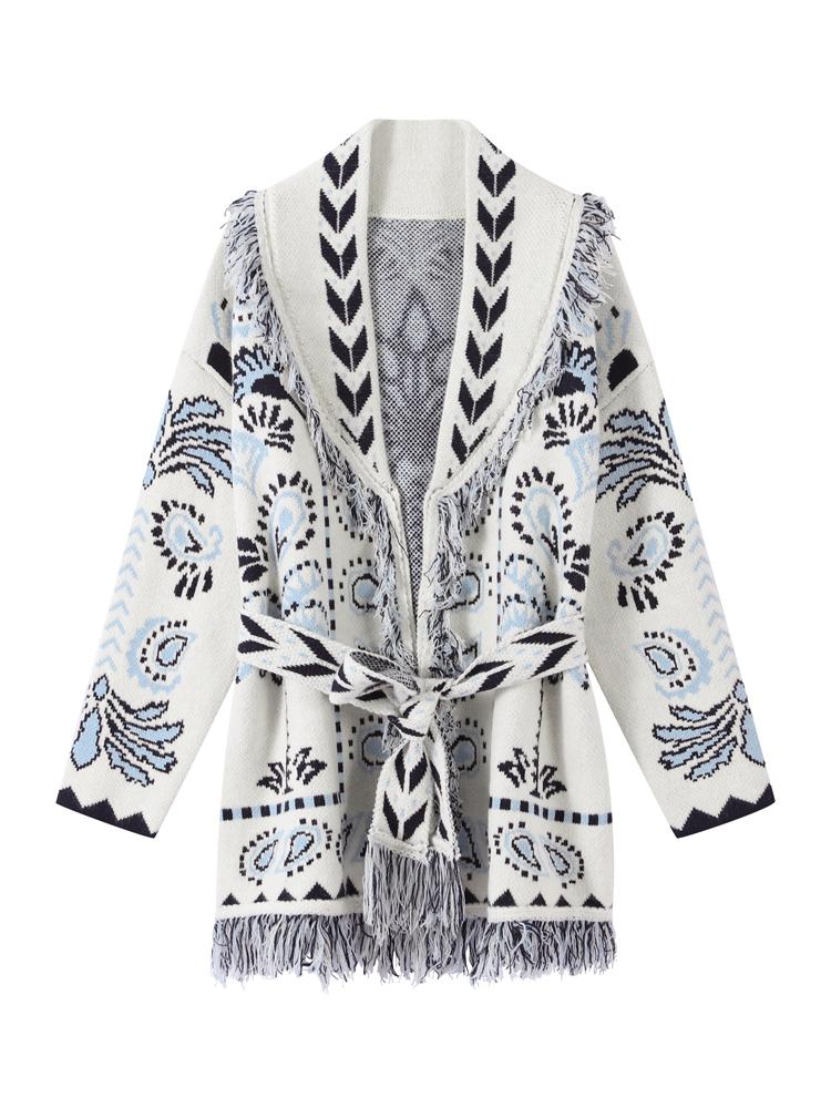 Women's Tassel V-neck Sweater Cardigan Ladies' Ethnic Style Sweater Jacket Ladies' Warm Waist Knitted Sweater Autumn and Winter