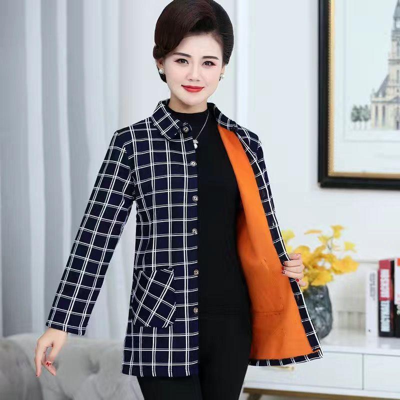 Camisa a cuadros gruesa y cálida de talla grande para mujer Camisa informal de cuello alto de talla grande Camisa larga y cálida