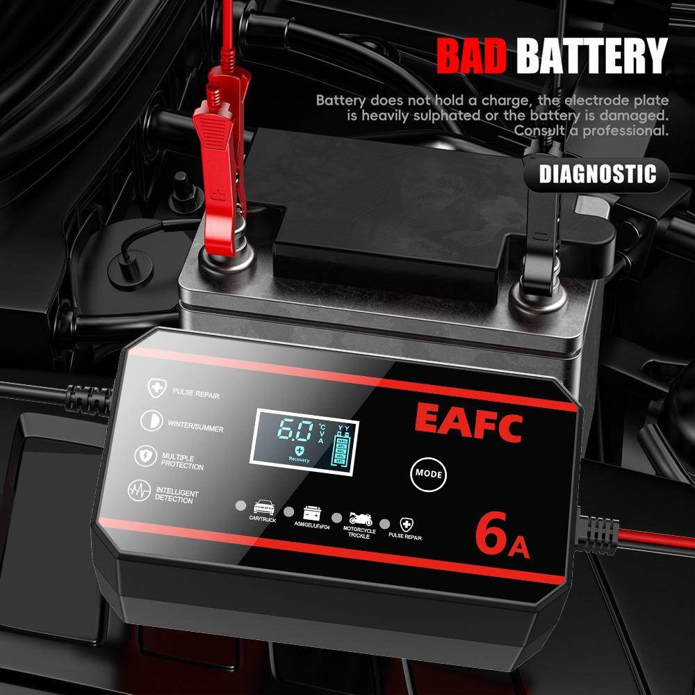 EAFC 12V 6A Smart Battery Charger, Pulse Repair Charger for Car and Motorcycle Lead-Acid Batteries