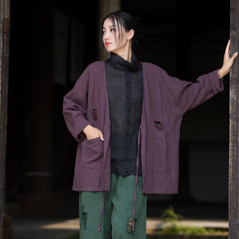 

Johnature Women Vintage Belt Shirts Solid Color Patchwork Pockets Blouses Autumn Loose Hole Female Shirts One Size фіолетовий