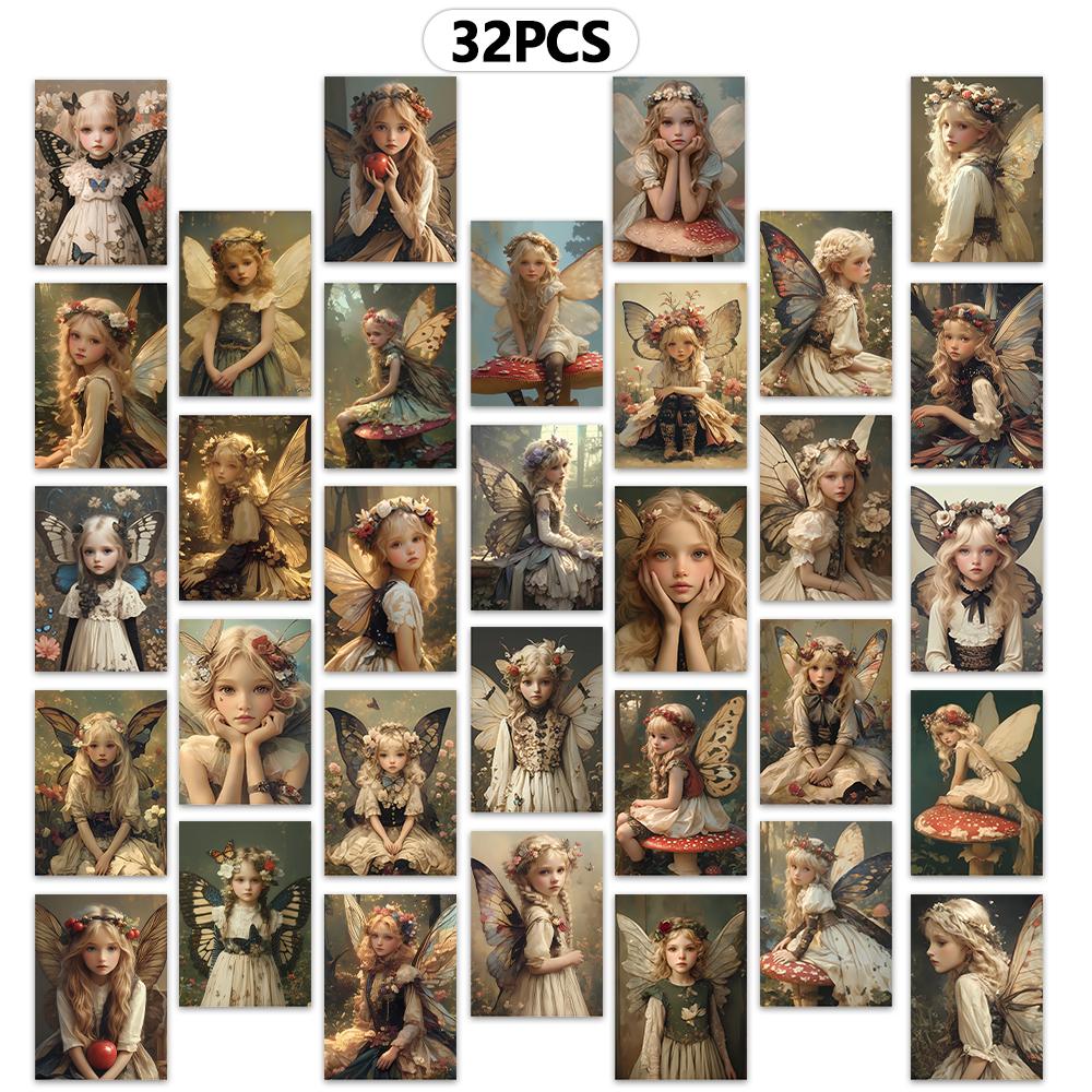 32pcs, Vintage Butterfly Fairy Postcards, Floral, Birthday/Anniversary Gifts, Collectibles, Perfect for Gifting, Mail-Ready.