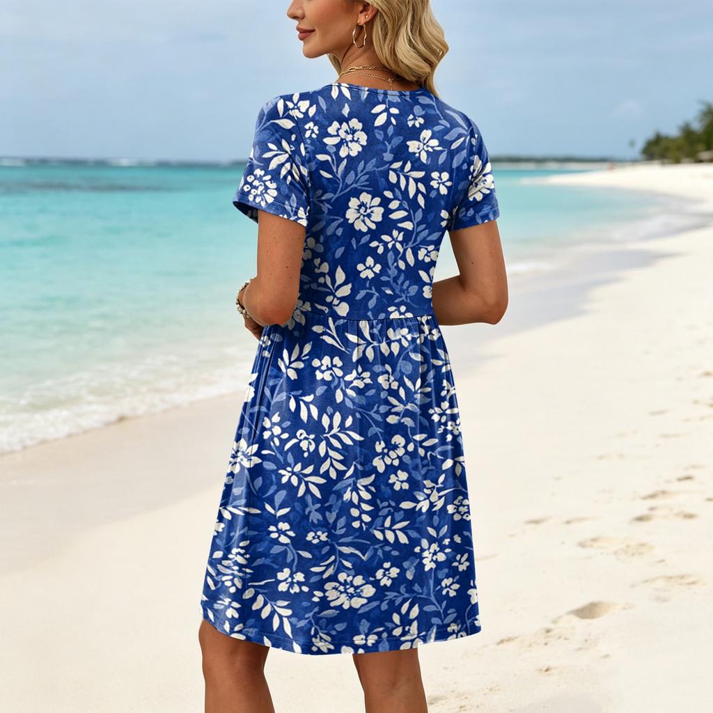 Women's Short Sleeve Floral Print Casual Dress Round Neck Waist Tie with Pockets Lightweight Summer Dress