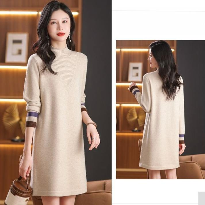 Mid-length Knitted Sweater Women's Fashion Solid Color Loose Large-sized Sweater Autumn and Winter Casual Half Turtleneck Pullover