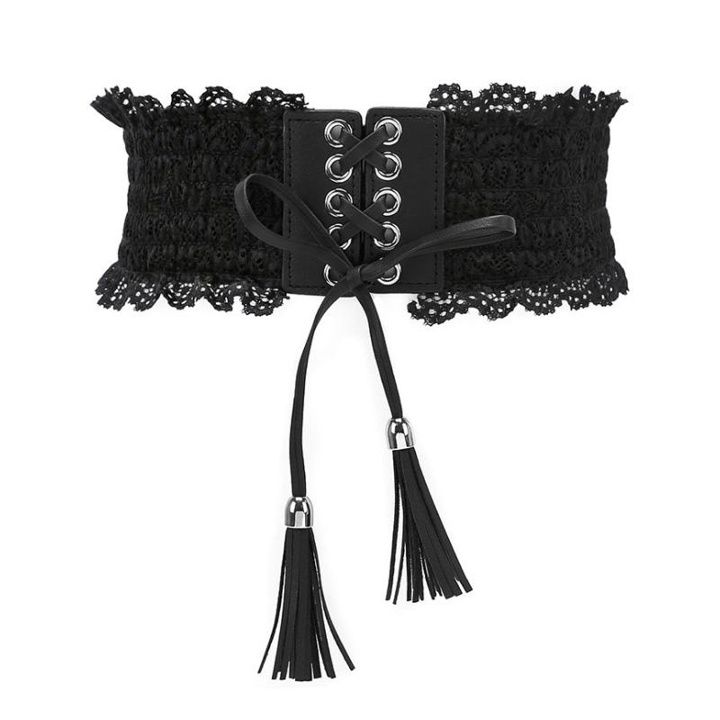 TOTRUST Vintage Lace Women's Cummerbund Elastic Waistband Wide Belt All-match Belt Decoration Female Black Strap For Dress