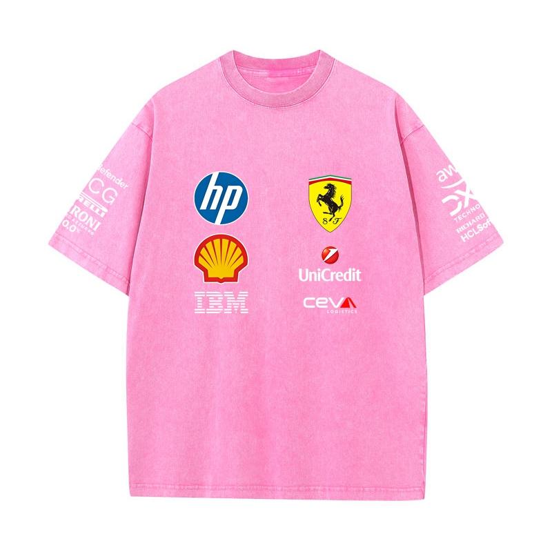 Vintage Washed Black Ferrari F1 Racing T Shirt Oversized Short Sleeve Tee Retro Motorsport Sponsor Logo Print Casual Streetwear Loose Top