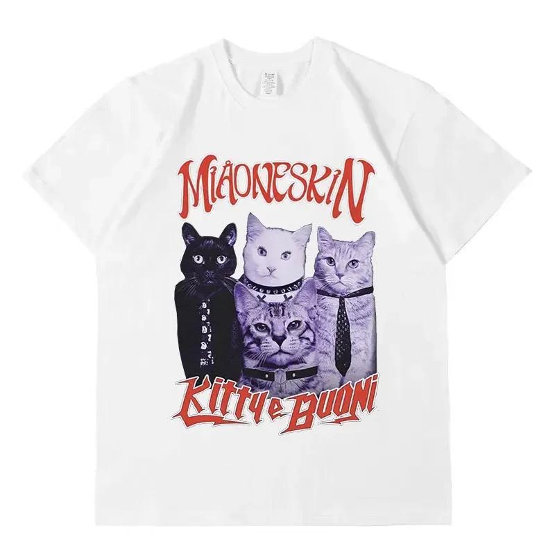 Rock band maneskin cat graphic t shirt men women vintage hip hop oversized cotton T-shirt Harajuku aesthetic T shirts streetwear
