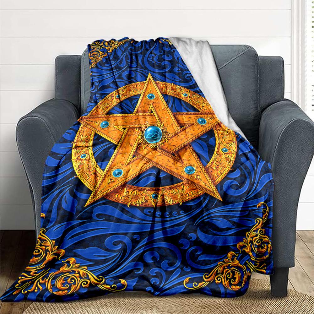 1pc Blue Golden Star Ornament Blanket Lightweight Flannel Blanket Throw Blanket For Sofa, Bed, Travel, Camping, Livingroom, Office, Couch, Chair, And