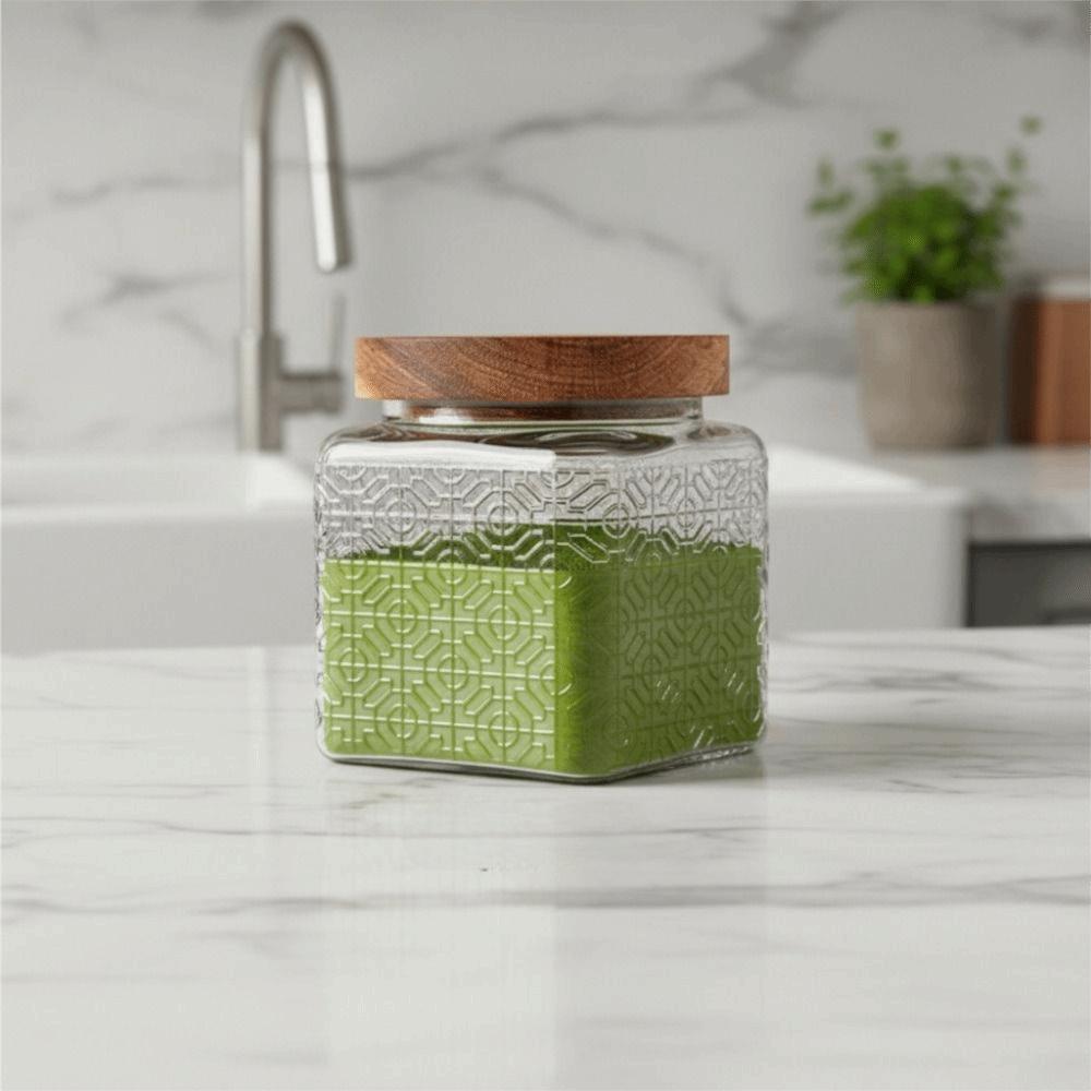Square Kitchen Glass Bottle Wood Lid Grains Storage Box Household Kitchen Storage Container Candy