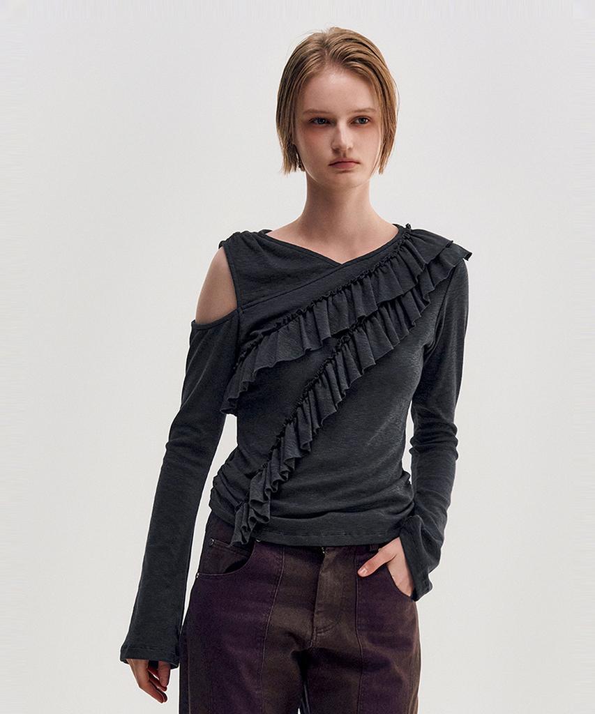 Kimjisu Diagonal Ruffle Jersey Top _ Charcoal