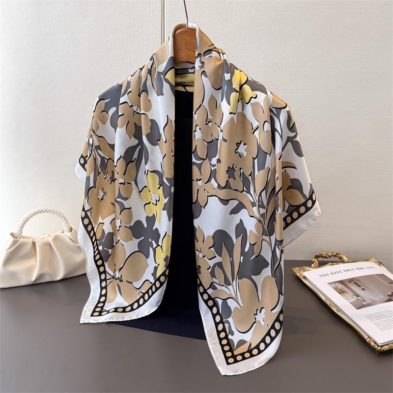 Korean Version of Atmosphere Simulation Silk High-end Square Scarf Silk Scarf Printing Travel Shawl Scarf Sunscreen Headscarf Women's Scarf