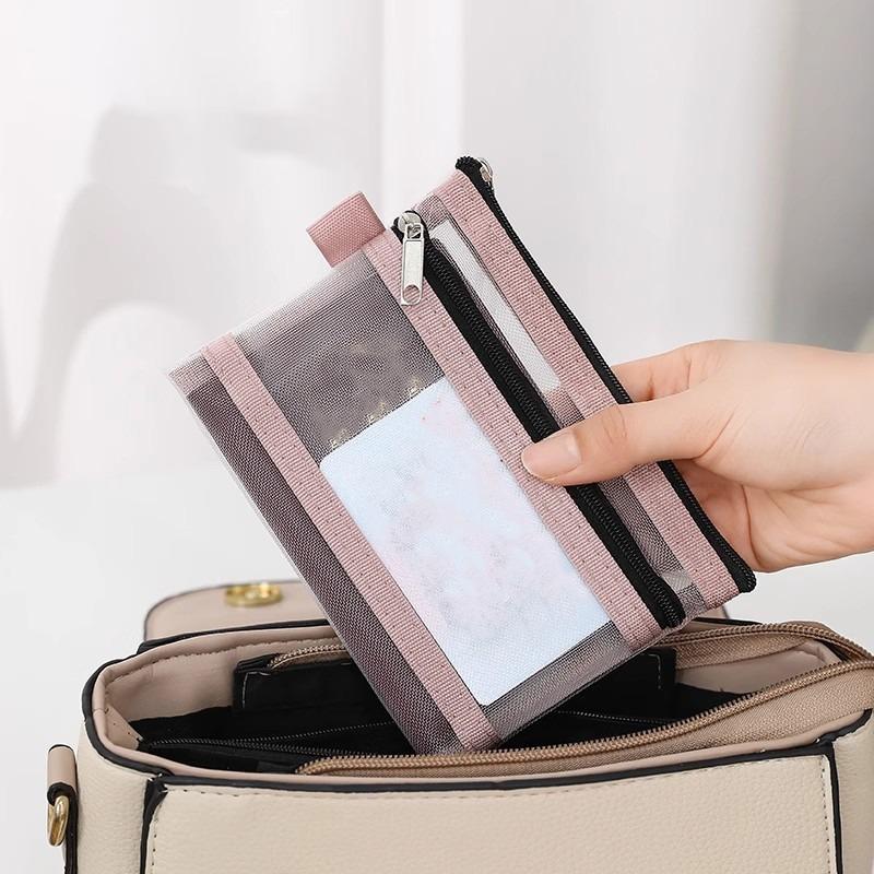 Small Mesh Double Layer Coin Bags Bus Id Credit Card Storage Bag Money Wallet Purse Earphone Cable Line Organizer Pouch