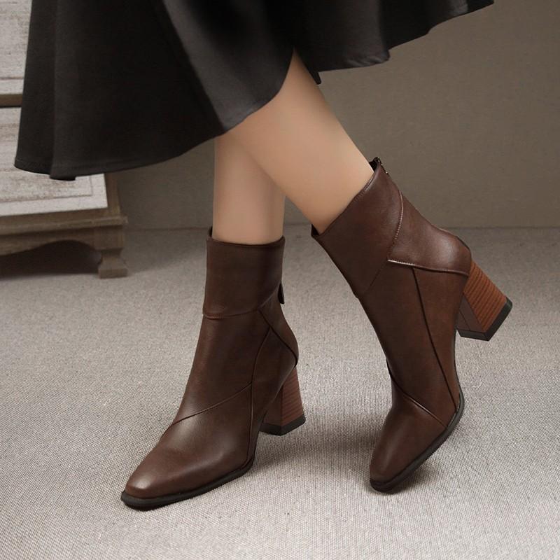 New Style Luxury Women Shoes Chunky Ankle Goth Mid Heels Brand Winter Fashion Women's Pointed Toe Boots Motorcycle Boots