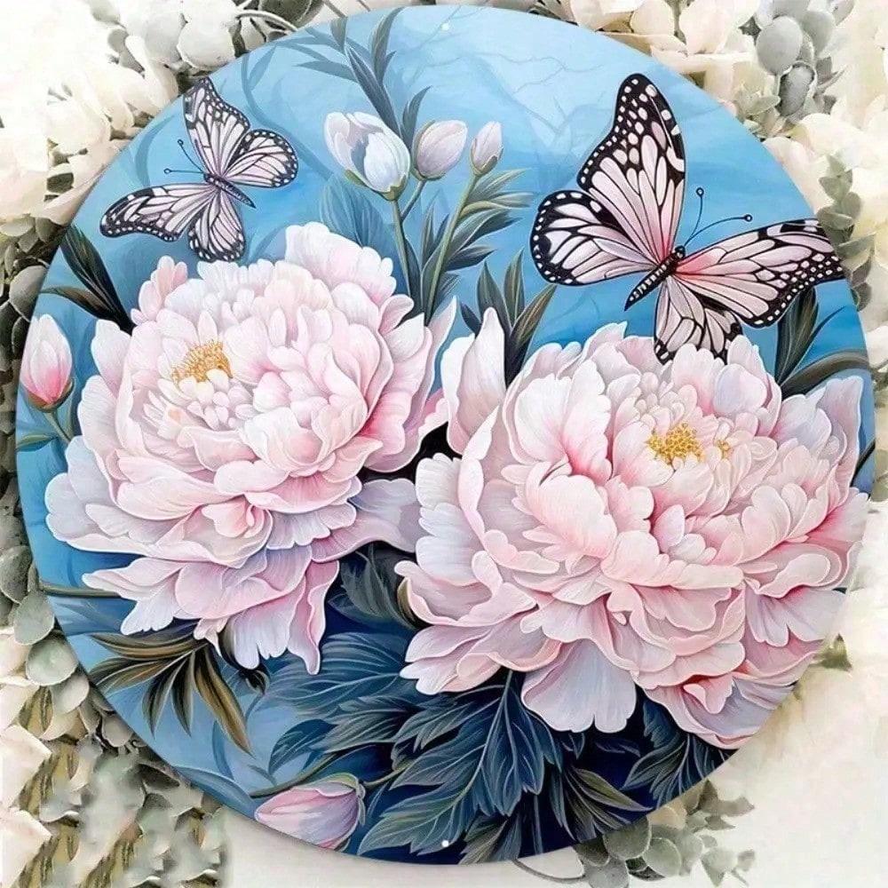 Outdoor Metal Wreath Sign Peony Butterfly Door Decor Wall Art Hanging 8x8 Inch разноцветный
