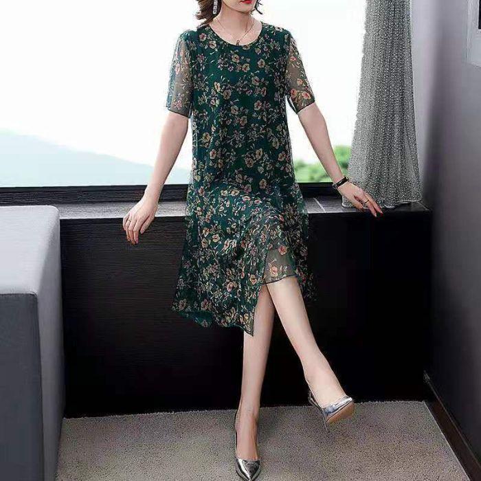 Women's Fashion Summer Spring Floral Print Short Sleeve O-Neck High Waist Casual Dresses