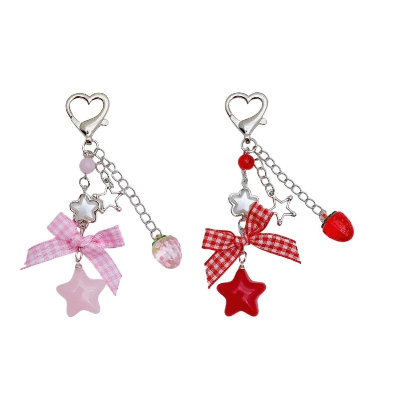 Cute Strawberry Bowknot Bag Charm Charming Strawberry Bowknot Keychain for Trendsetters Sturdy Key Chain Pendant