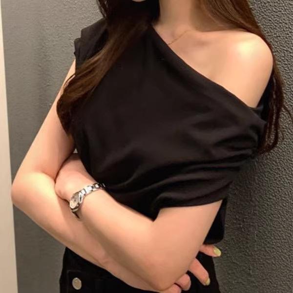 Irregular Slanted Shoulder Design Sense Loose Solid Color Pullover Short Sleeve T-Shirts Women’s