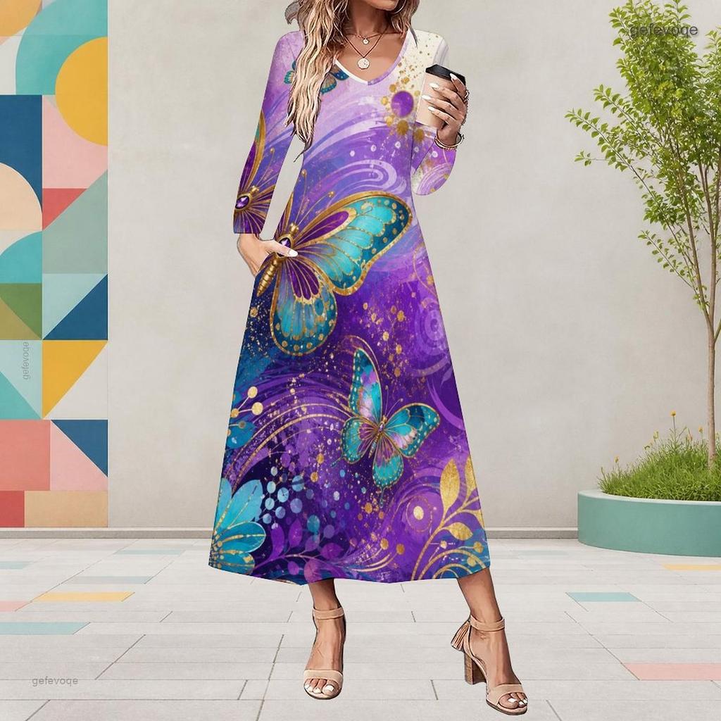Women Plus Size Long Sleeve V Neck Dark Blue Butterfly Floral Printed A Line Midi Dress With Pockets