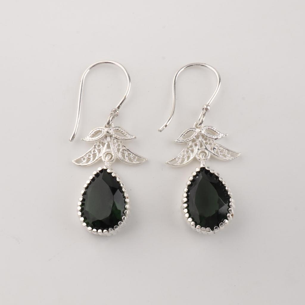 Green Tourmaline Gemstone 925 Sterling Silver Jewelry Handmade Earrings 1.84" CE-27-6