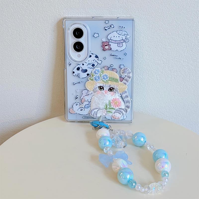 Kawaii Cartoon Cat Phone Case For Samsung Galaxy Z Fold 8 Ultra 7 6 5 Z Fold7 Fold6 Cover with Chain Hard Cute Cases Clear Funda