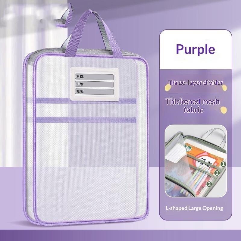 Mesh A4 File Organizer Bag 3 Layers Zipper Design Big Capacity Document Storage Pouch for Office Worker Student Daily Use
