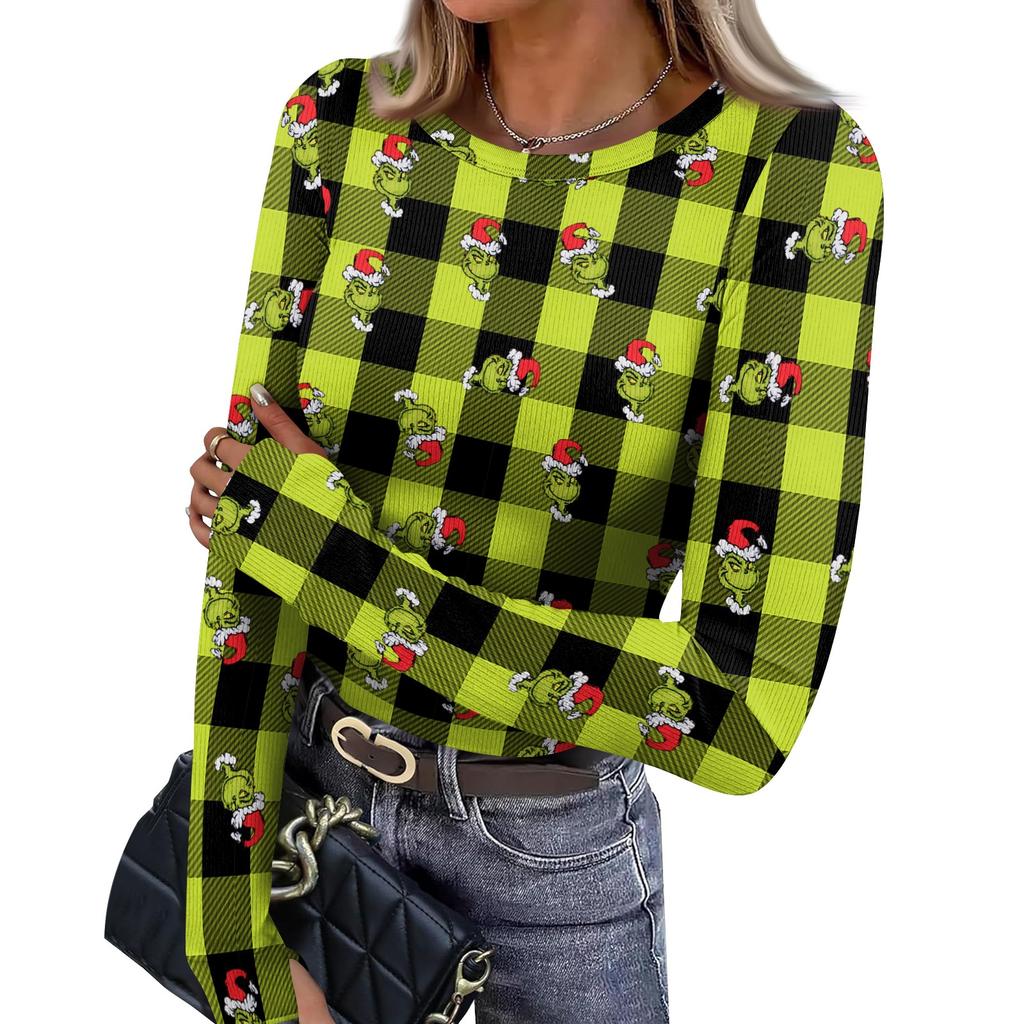 Women's Slim Fit Base Layer Long Sleeve Crewneck Pullover T-Shirt with Thumb Holes, Christmas Graphic Print Top