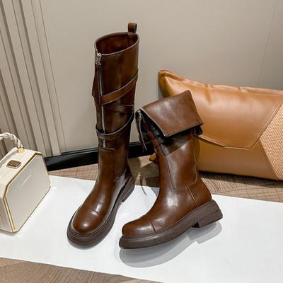 Clearance Autumn Maillard Vintage Cowhide Fleece Thick-soled Tall Knight Boots Women's Winter Medium Boots